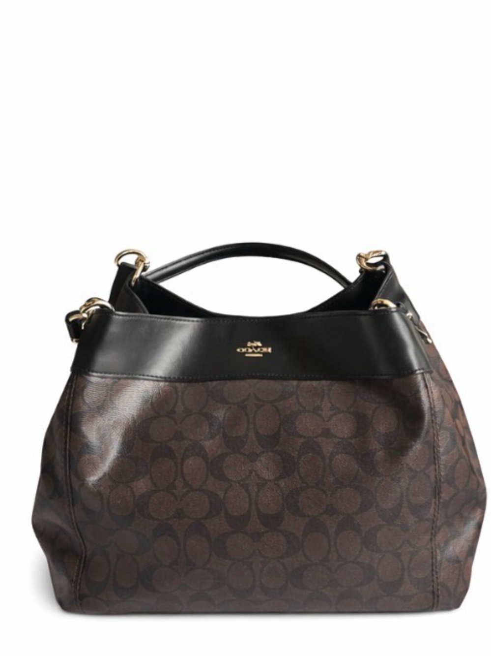 Coach Lexy Large Shoulder Bag Brown Signature Canvas Black Leather